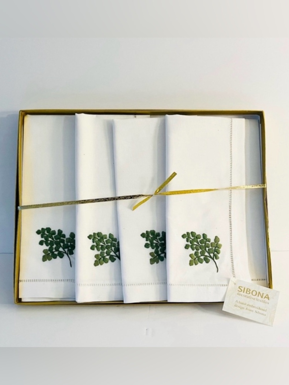 Sibona Embroidered Herb Napkin Set Cotton White Green Set of 4